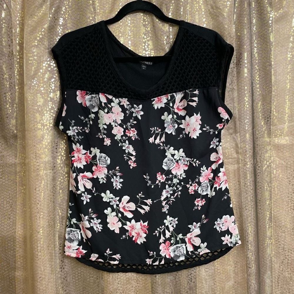 Express black/pink floral fishnet mesh back tanktop, size S